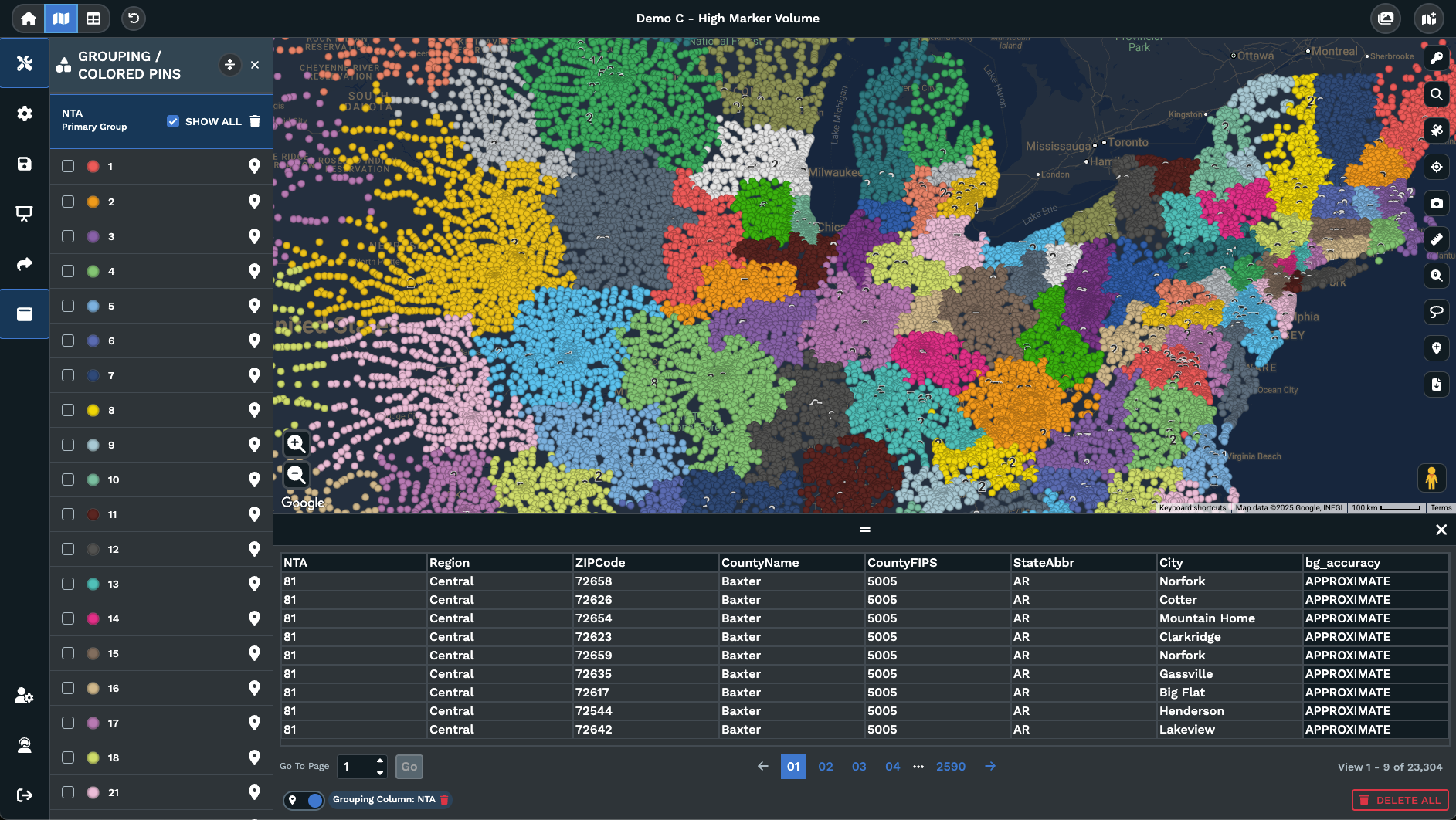 High marker volume visualization showing dense data points across the United States