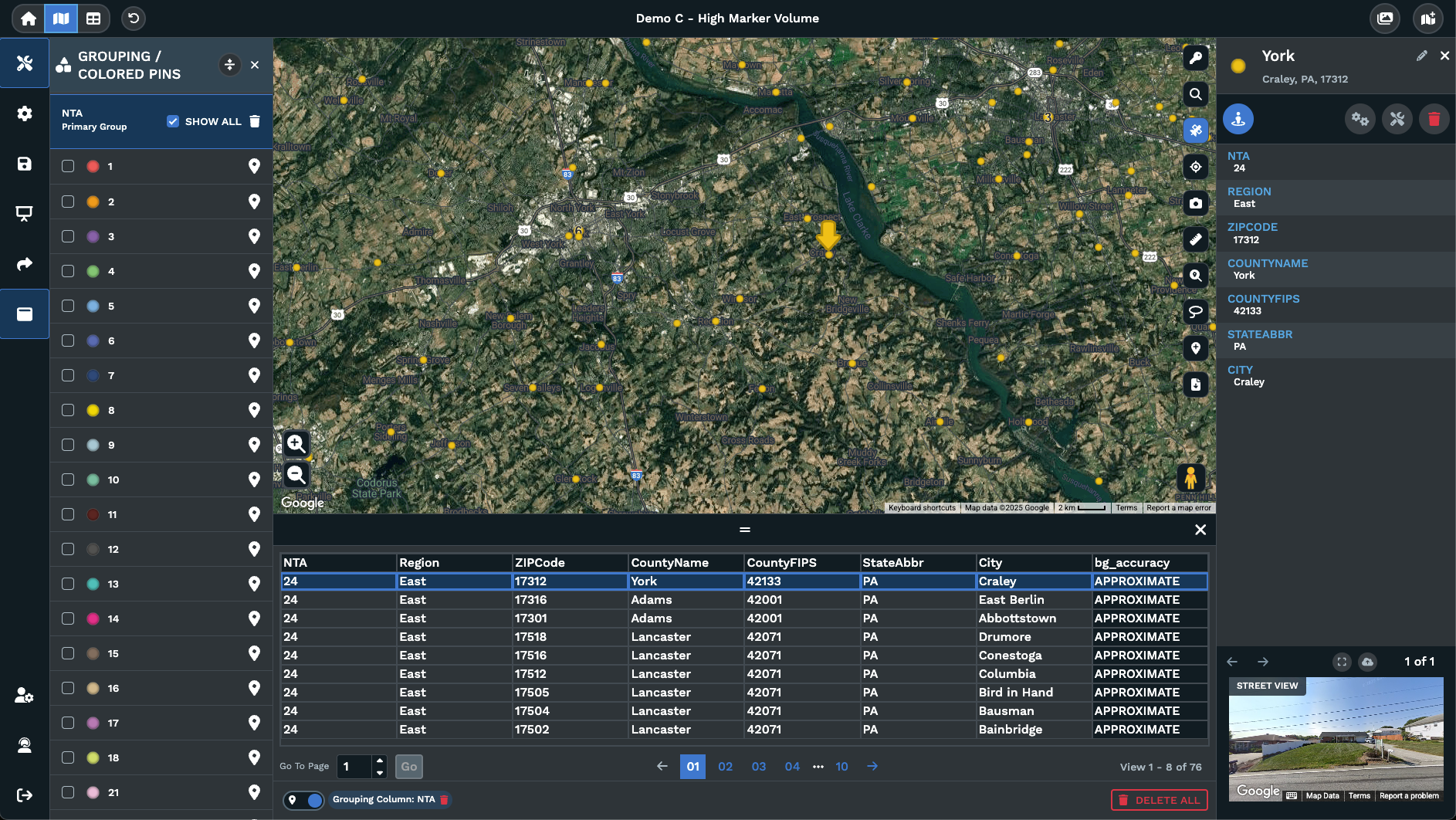 Maptive high marker volume display with split screen data view