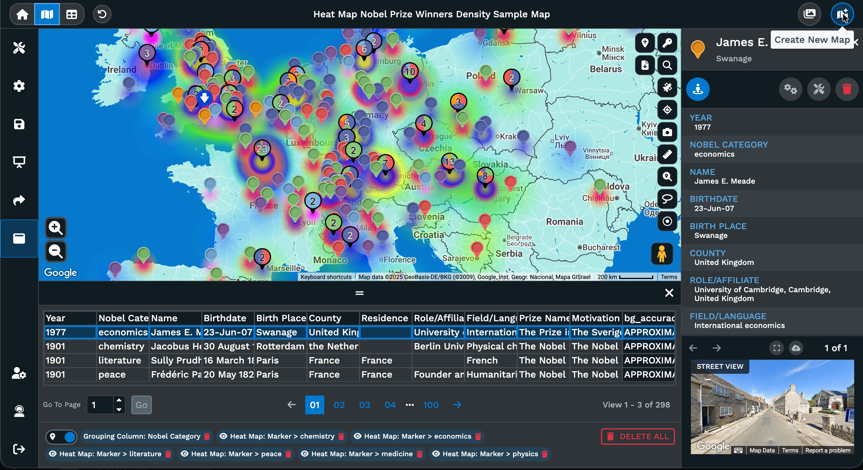 Heat map visualization showing Nobel Prize winner density