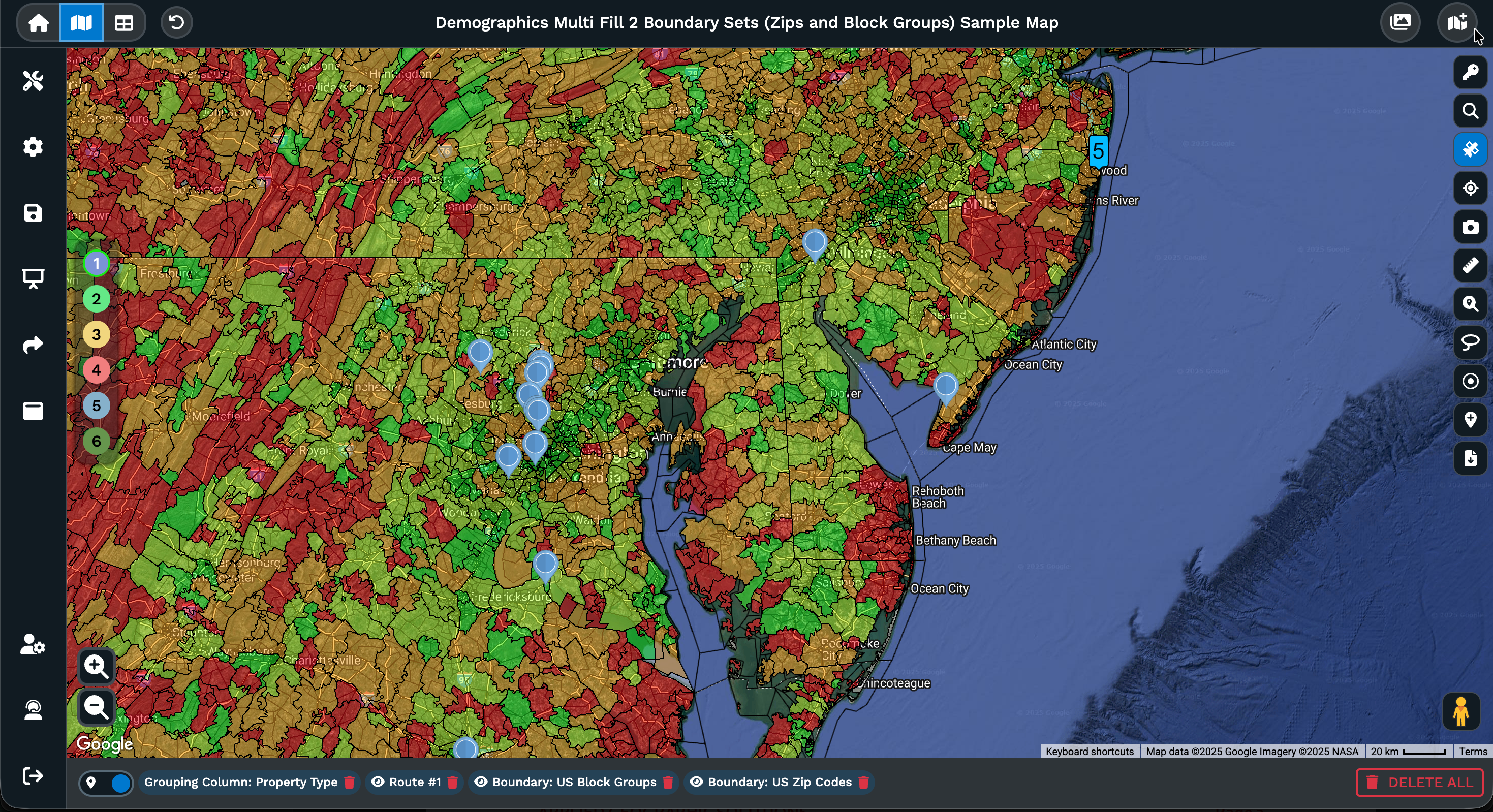 Demographics multi fill with route overlay