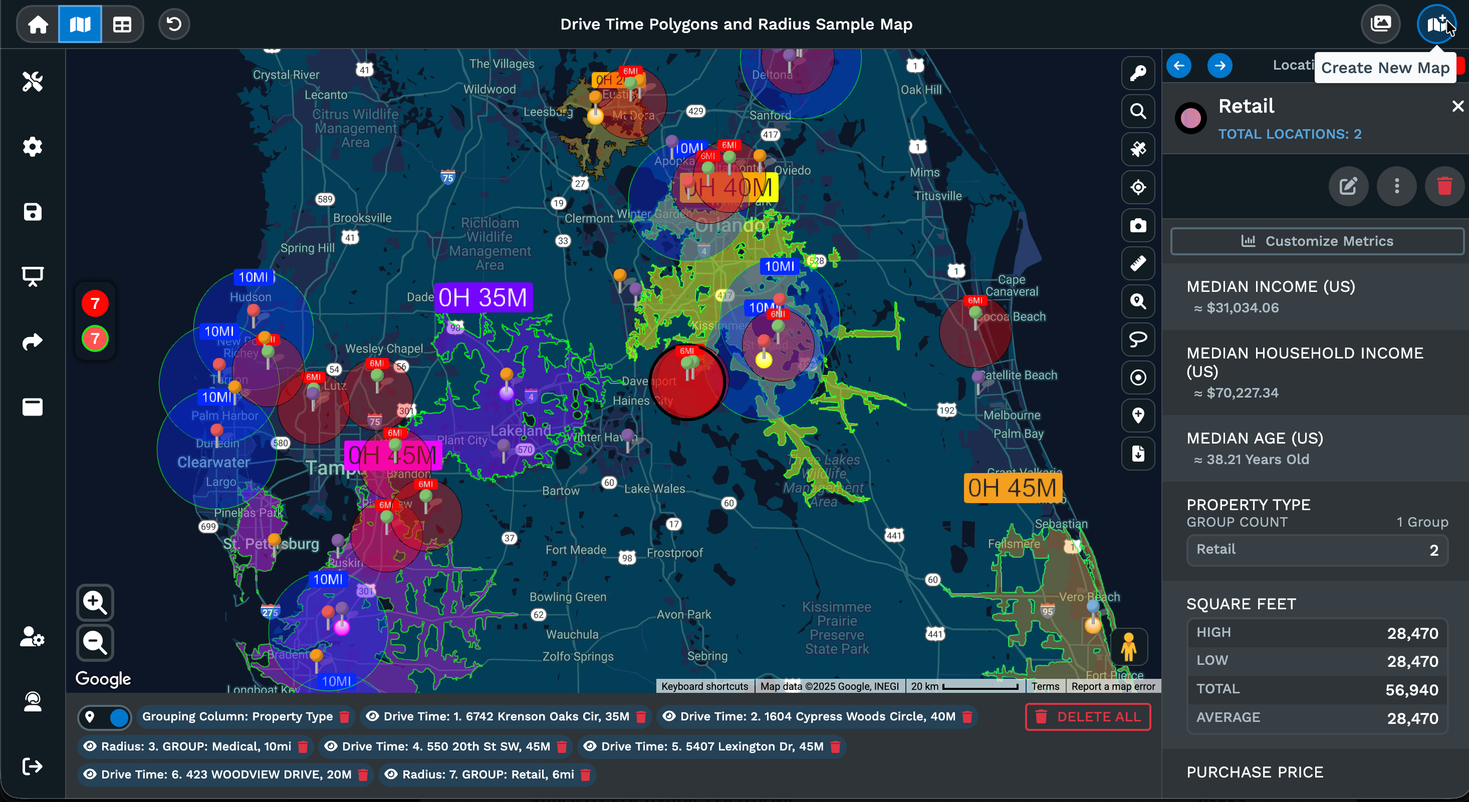 Drive time polygons and radius mapping in Florida