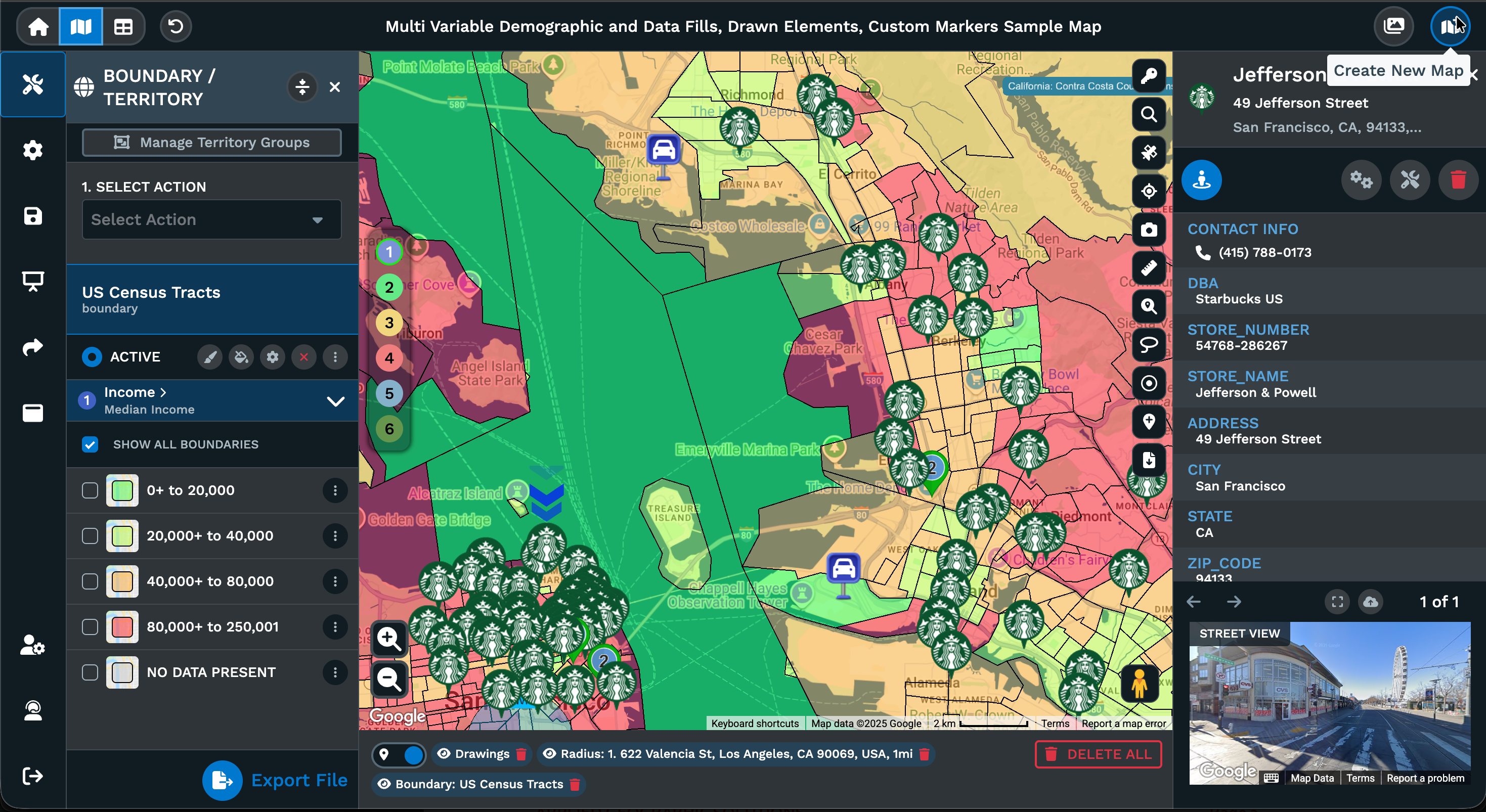 Custom markers with Starbucks locations and demographic overlay