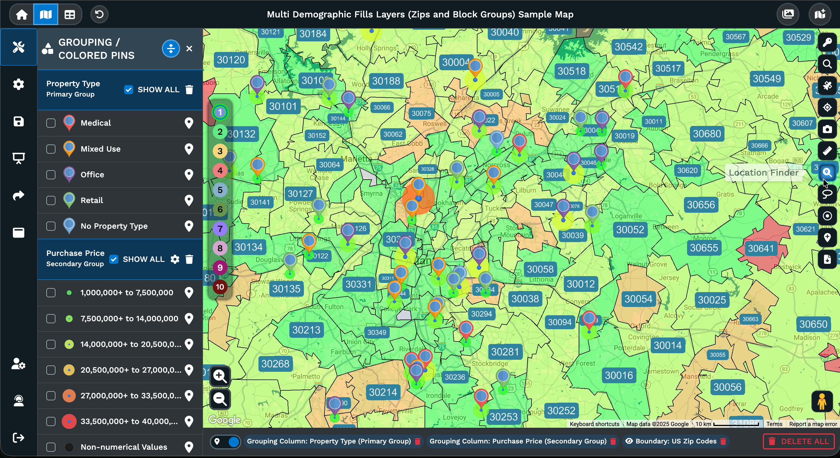 Multi demographic fills with colored pins grouping