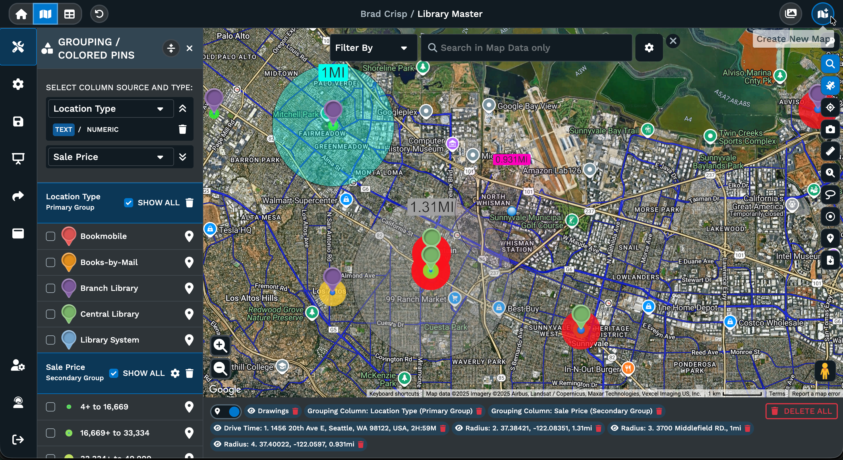 Radius and drive time analysis with location grouping