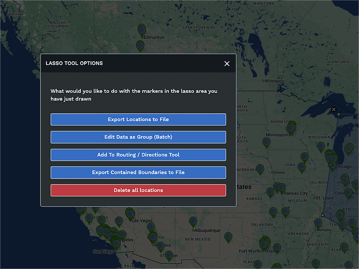 The Lasso Tool Options popup listing five actions over the selected markers