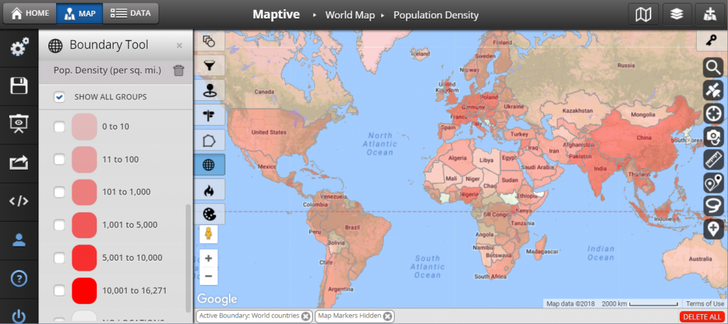 map of the world with countries color coded by population density