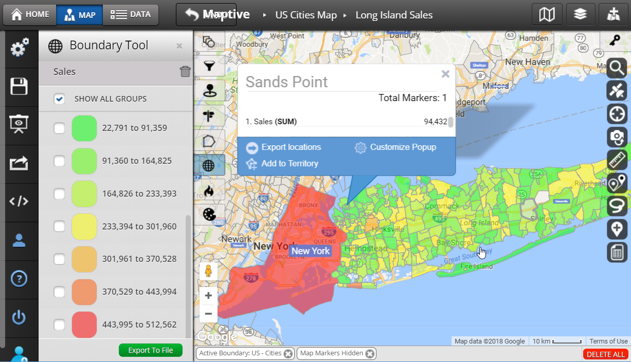 cities and towns on long island colored by sales