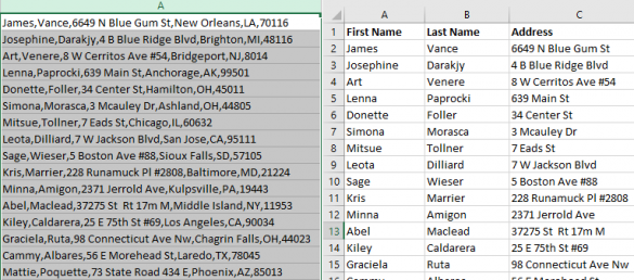 Split Addresses Excel