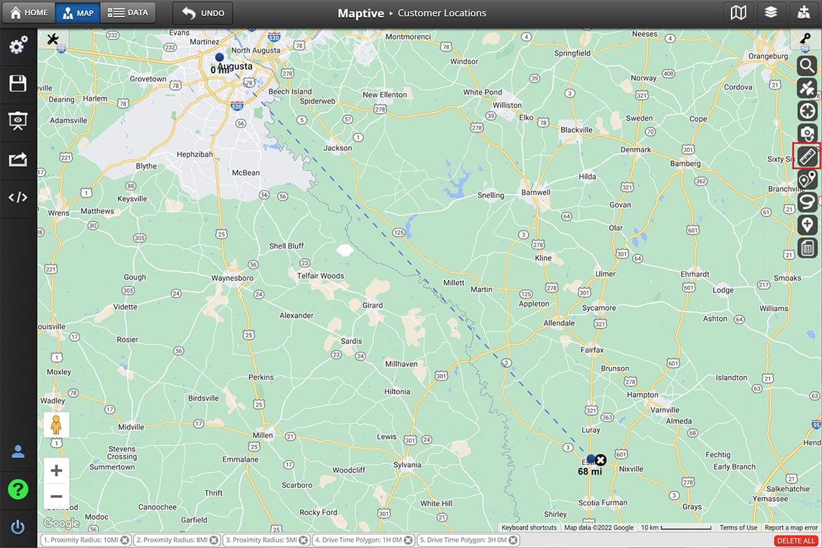 How to measure distance between 2 addresses or points maptive