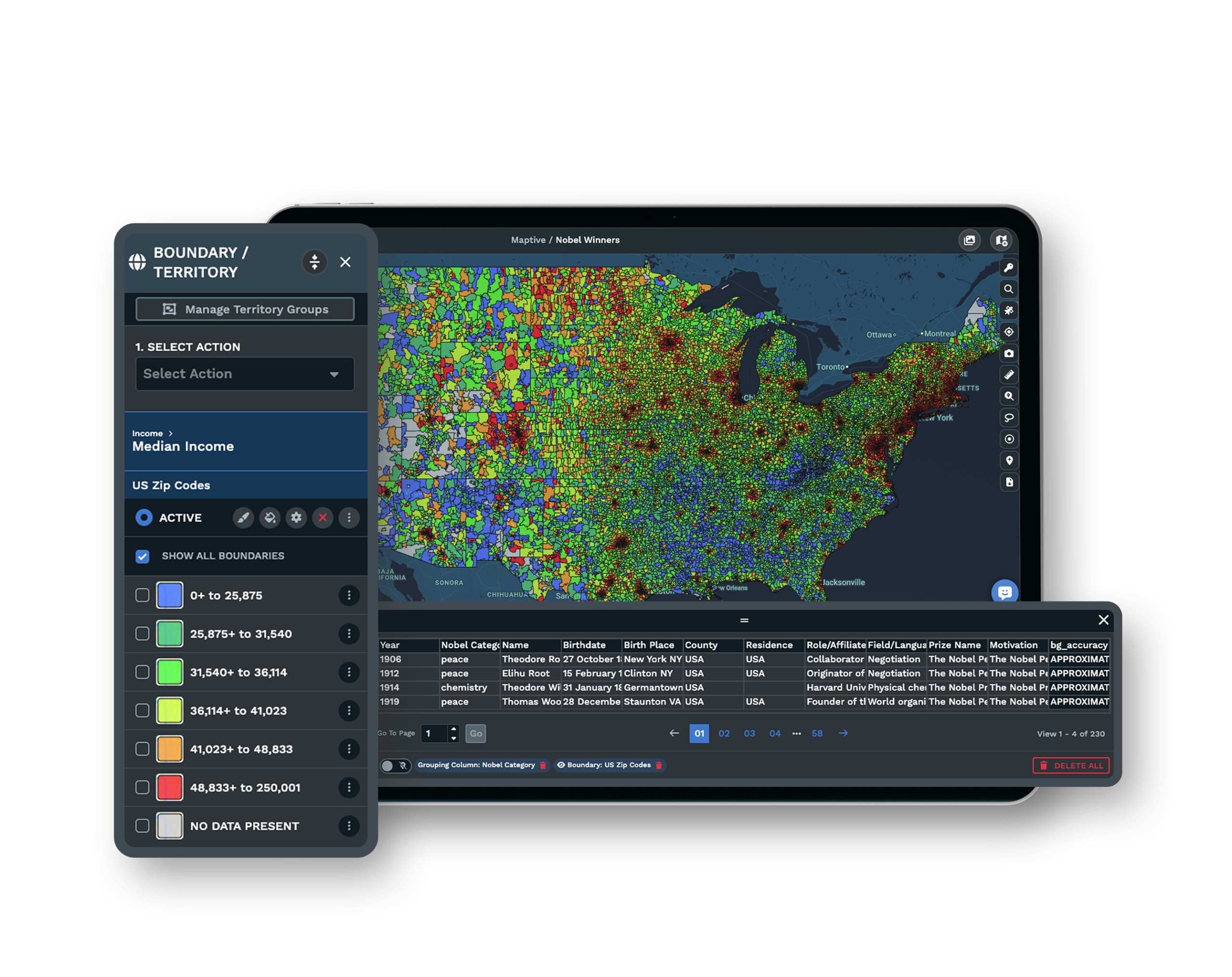 Maptive map showing business locations and customers with colored pins