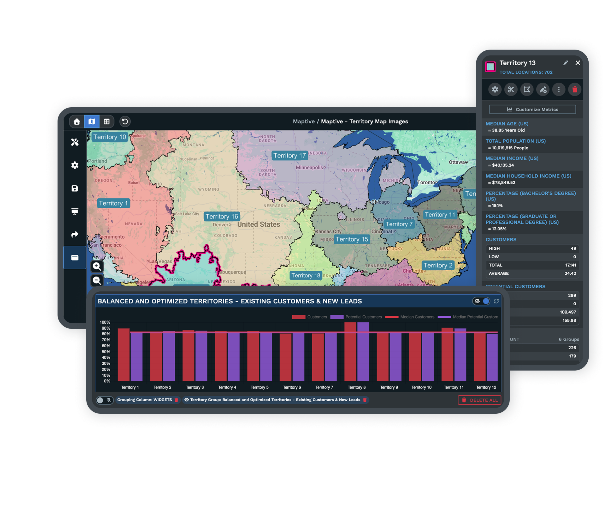Maptive territory management map with rebalanced sales boundaries