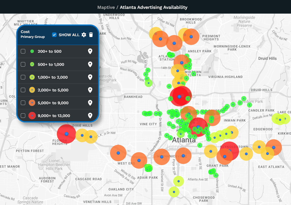 Bubble map legend showing six cost ranges across sized circles in Maptive