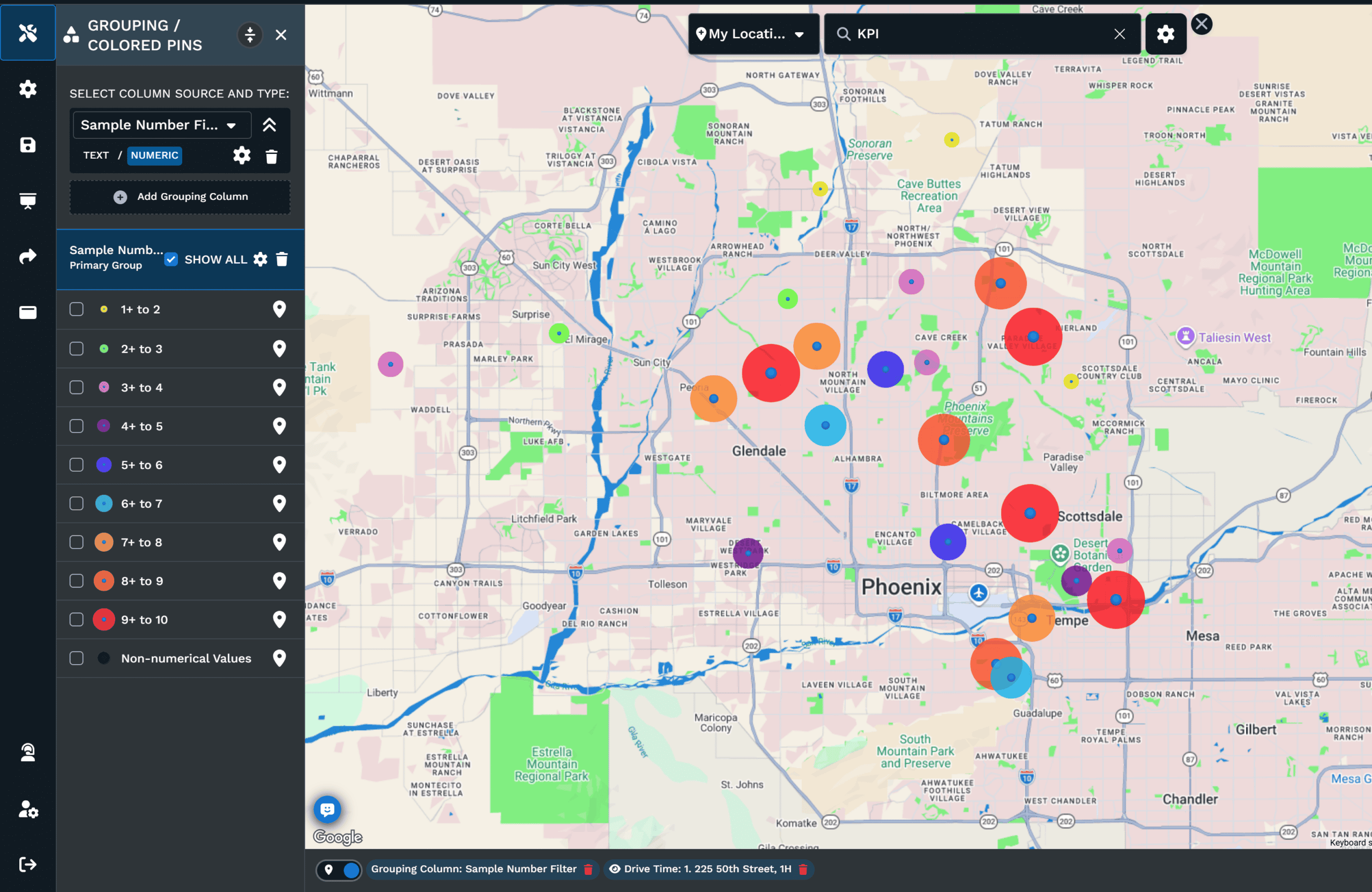 Multi color bubble map of the Phoenix metro grouped into ten numeric ranges