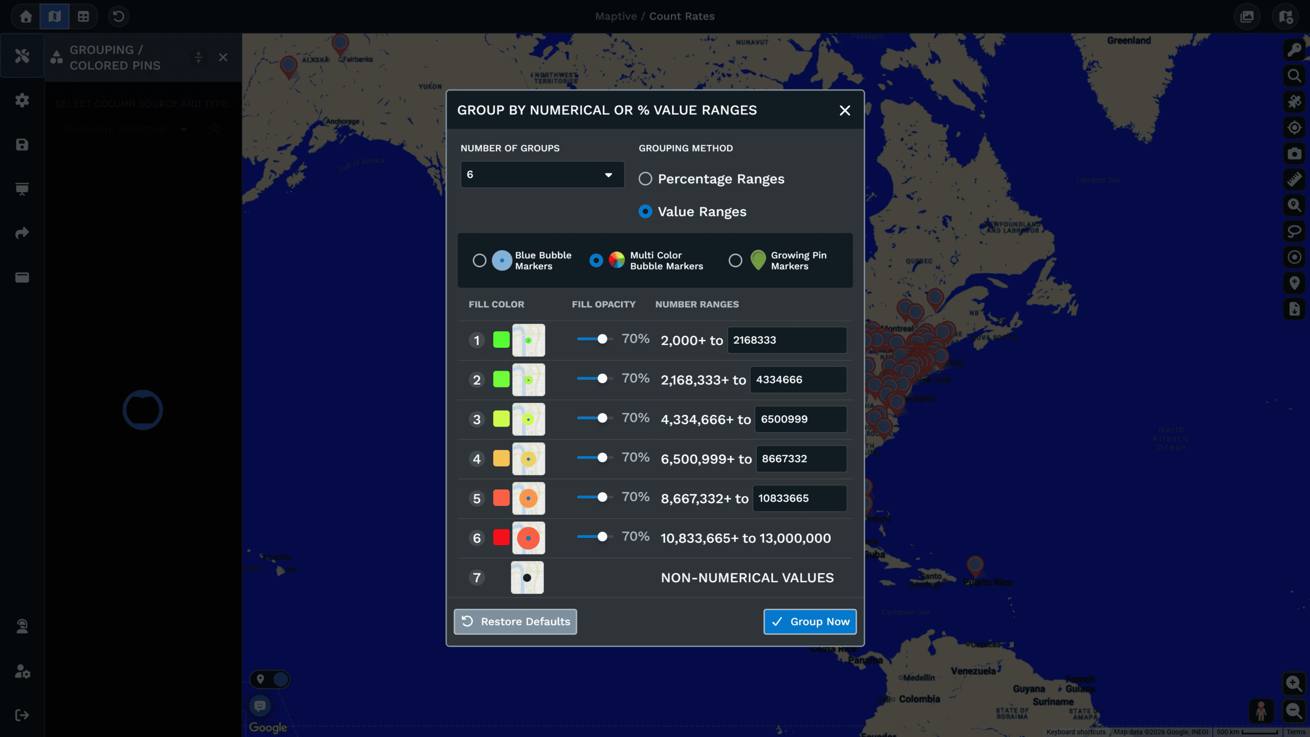 Group by numerical or percentage value ranges popup in Maptive
