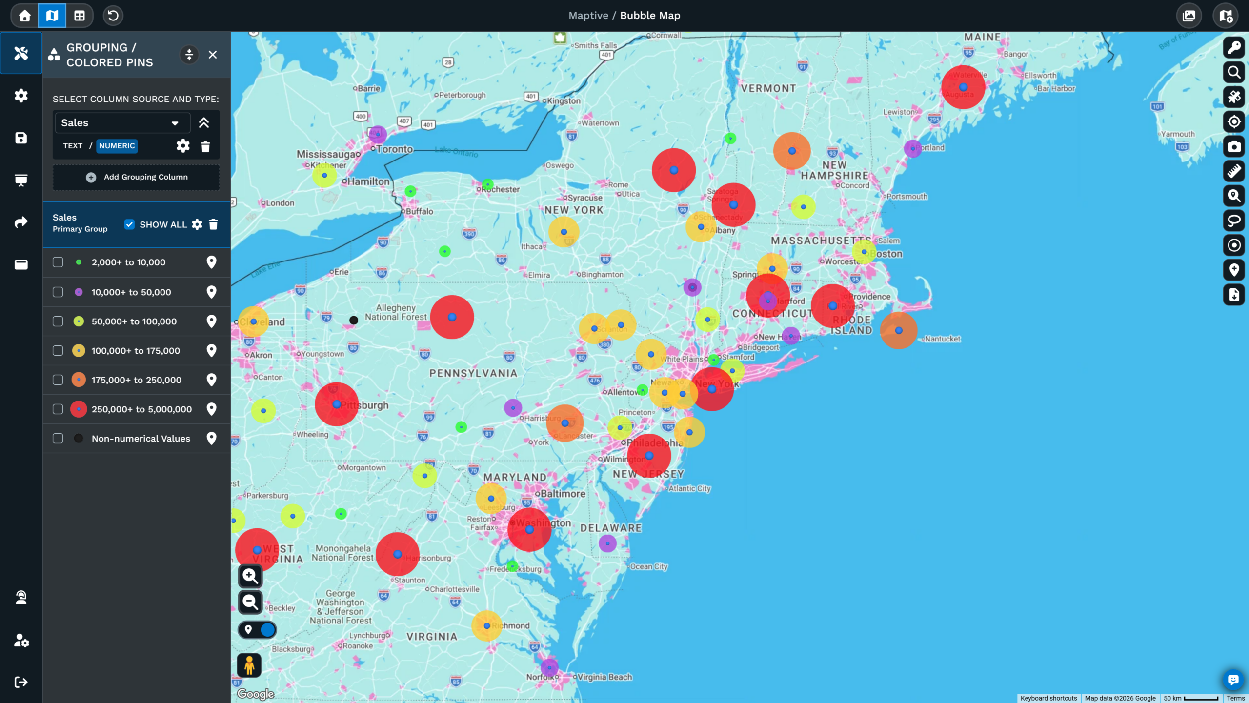 Northeast US markers grouped into six numeric sales ranges as sized bubbles