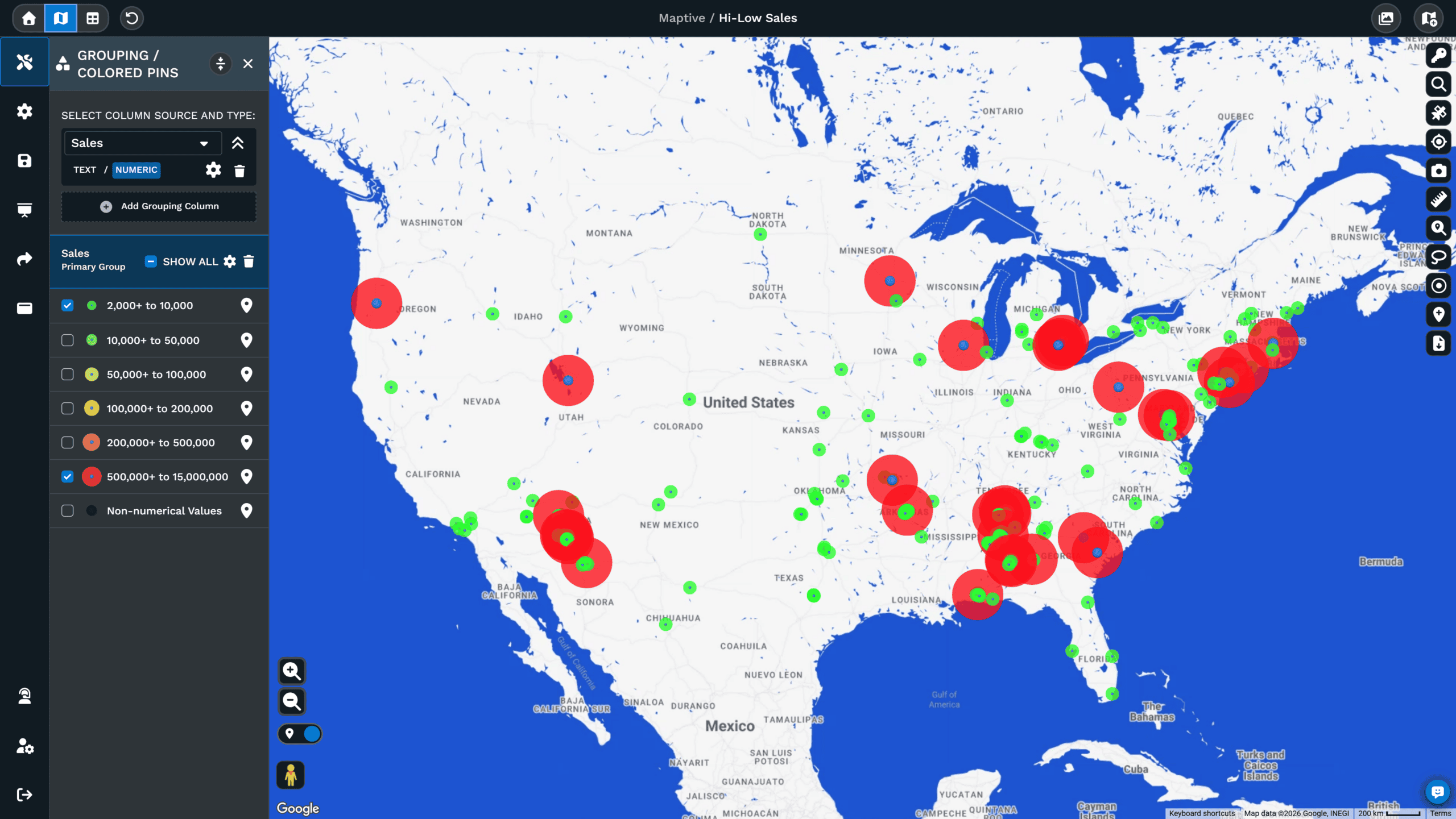 Map showing only the highest and lowest sales groups selected in the grouping panel