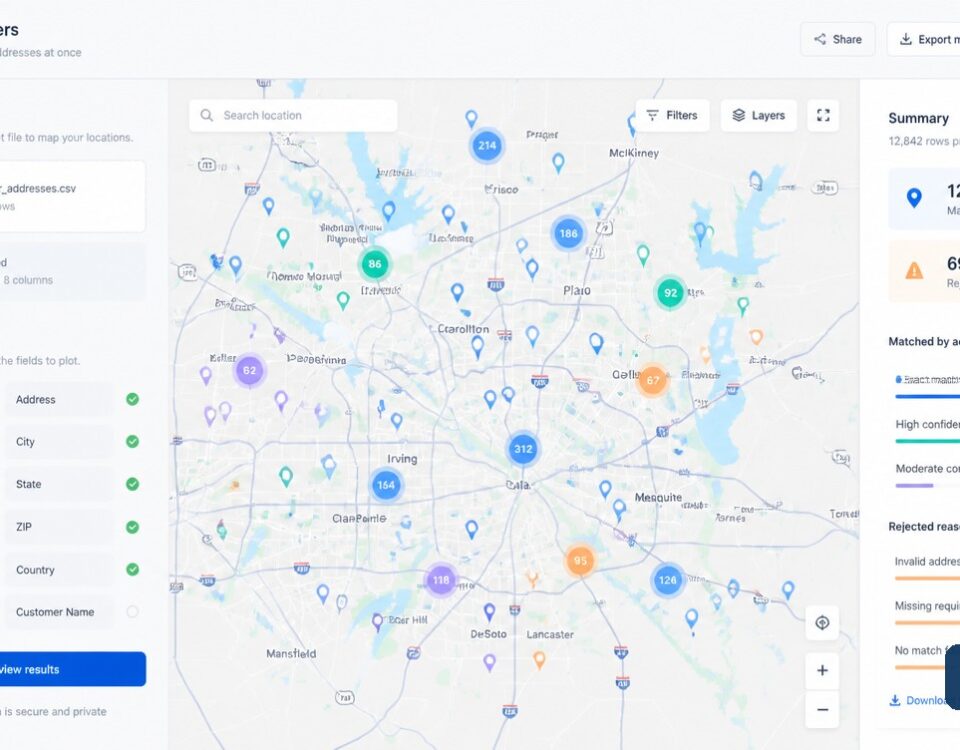 Thousands of customer addresses plotted in a mapping dashboard