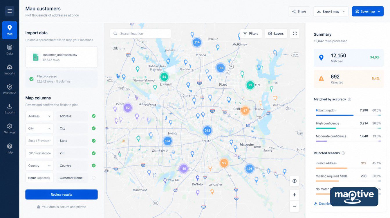 Thousands of customer addresses plotted in a mapping dashboard