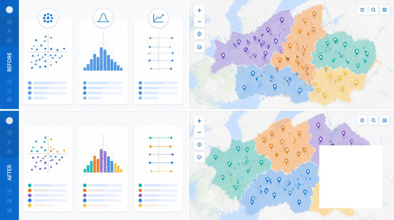 Dispersion, Variance, and the Diagnostic the Lift Hides visual for before and after: how territory optimization looks in practice.