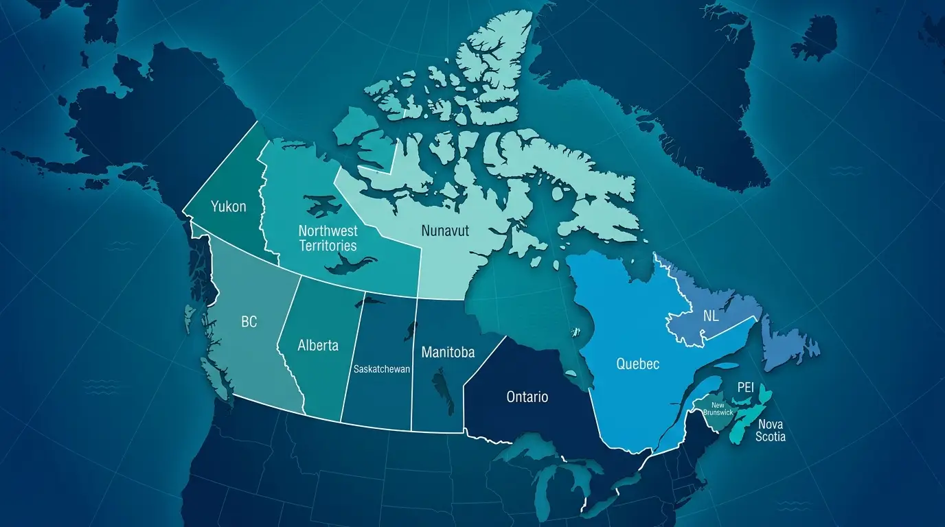 The 10 Provinces and 3 Territories on a Canadian Map
