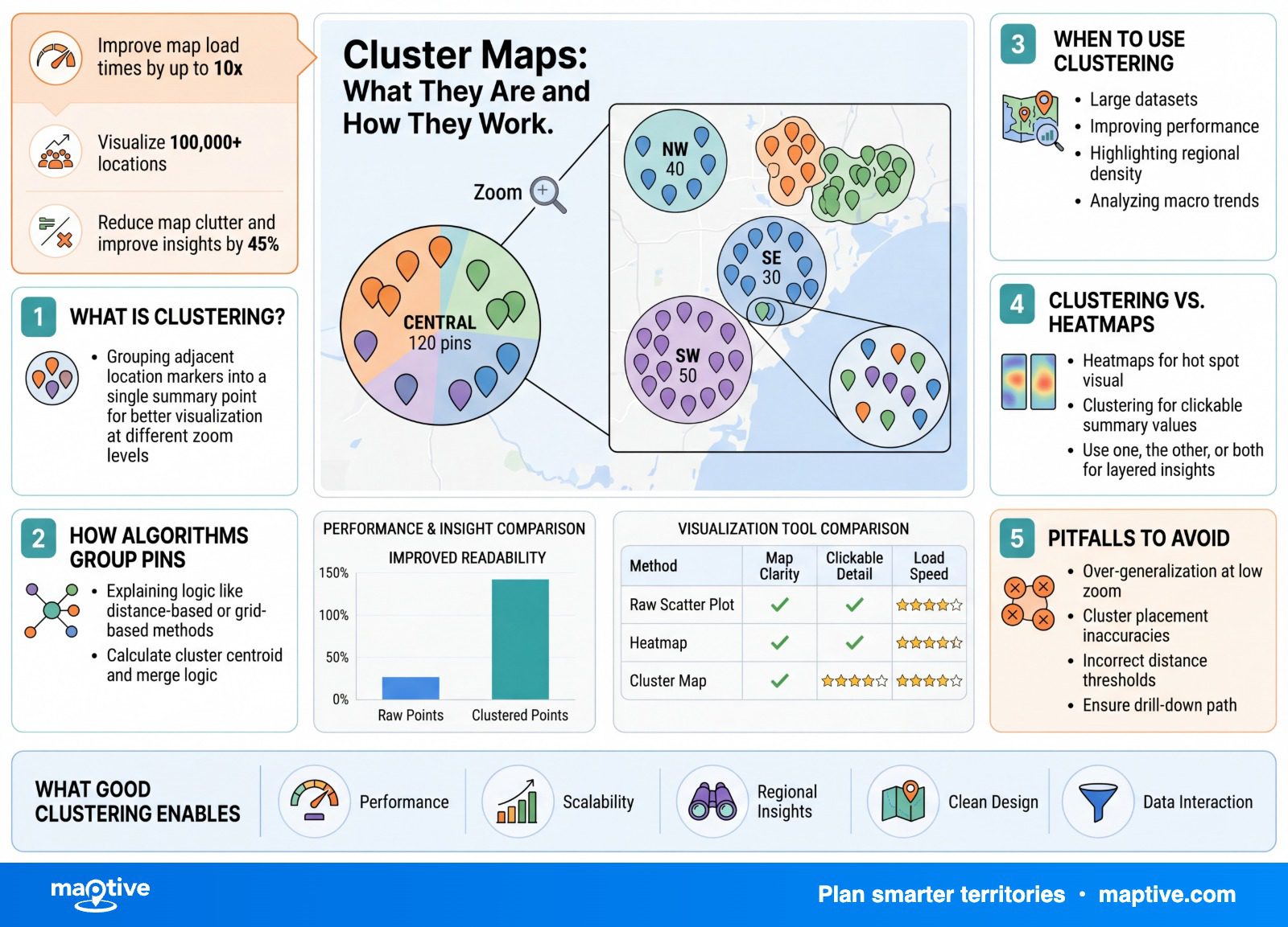 Cluster Maps: What They Are and How They Work — Maptive infographic.
