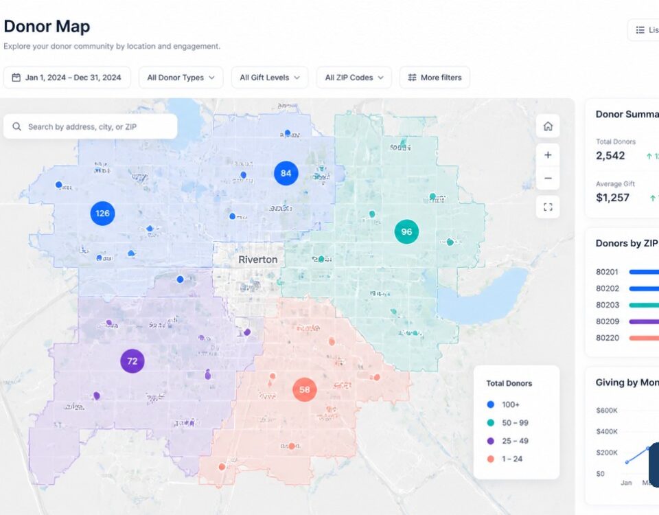 Donor clusters displayed on a nonprofit fundraising map