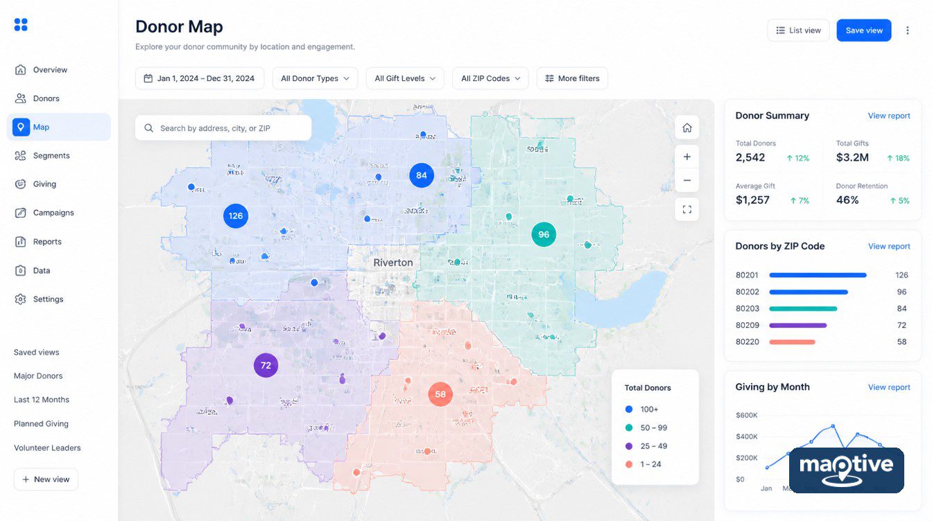 Donor clusters displayed on a nonprofit fundraising map