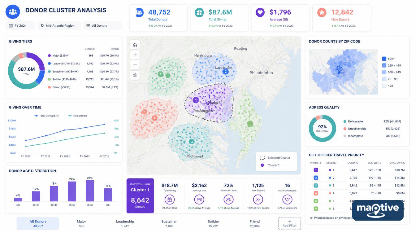 Donor cluster analysis by ZIP code, giving level and travel priority