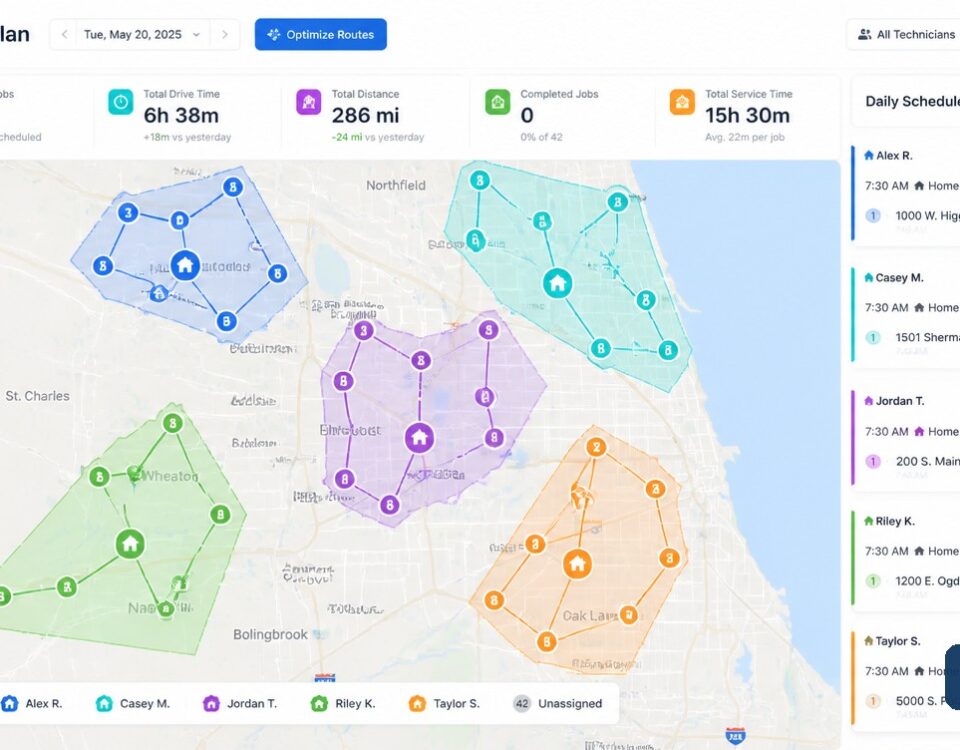 Optimized technician routes and service zones in a dispatch dashboard