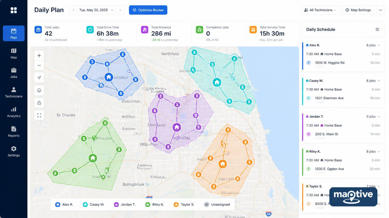 Optimized technician routes and service zones in a dispatch dashboard