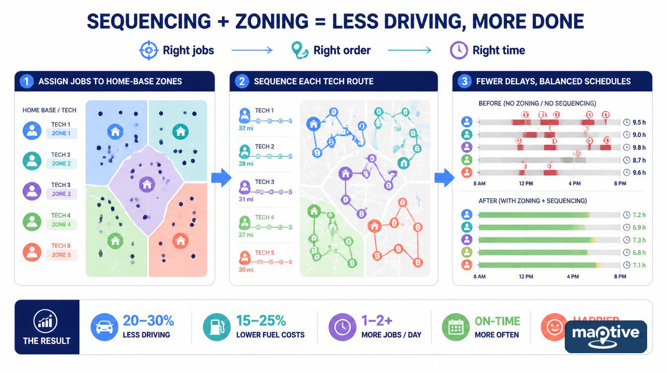 Technician service zones, job sequence and drive-time impact