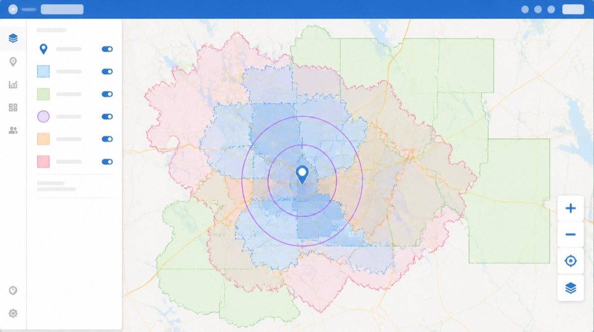 Franchise territory mapping interface comparing ZIP codes, radius rings, drive-time areas, and custom polygons.