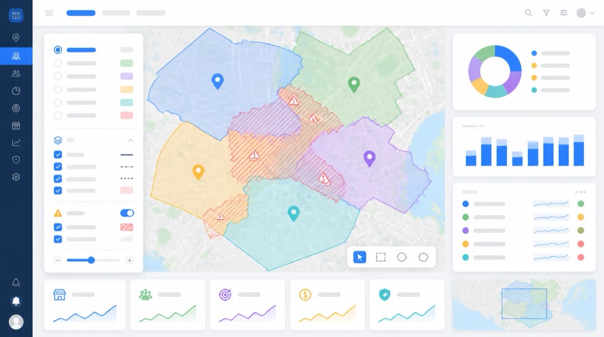 Franchise territory mapping example with overlapping regions highlighting encroachment risk.