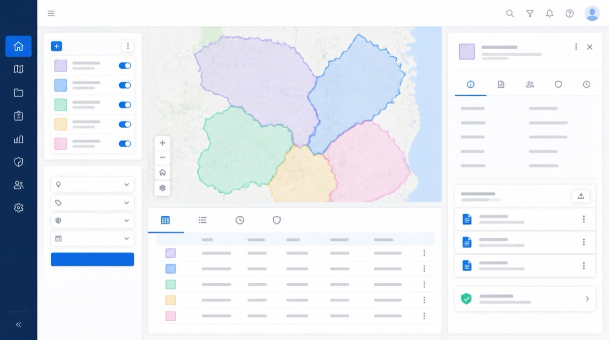 Franchise territory mapping compliance dashboard with documented boundaries and legal review panels.