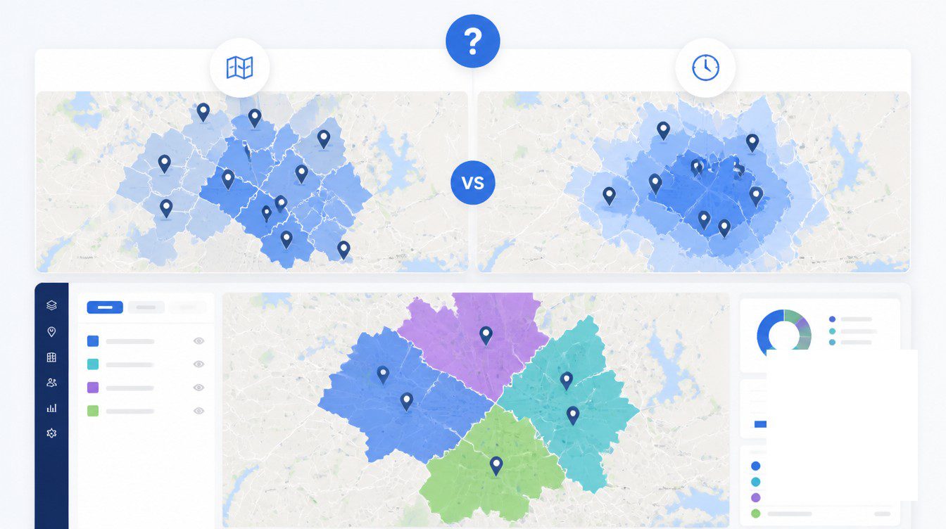 Frequently Asked Questions visual for franchise territory design: zip codes vs drive time boundaries.