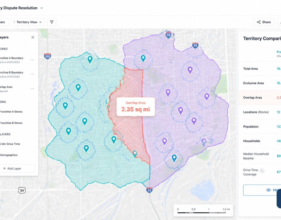 Franchise territory boundaries and overlap evidence on a shared map