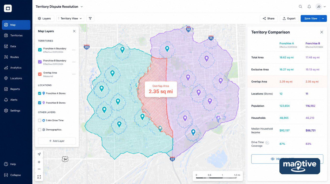 Franchise territory boundaries and overlap evidence on a shared map