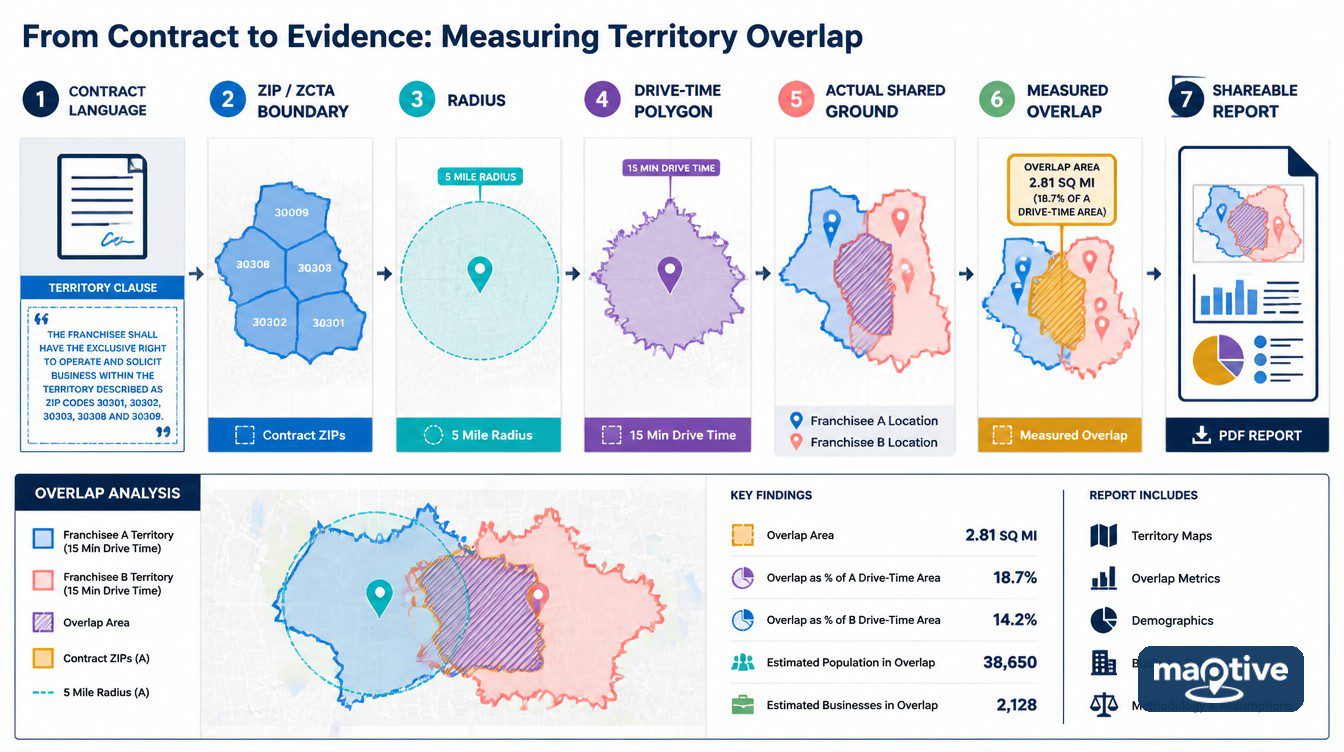 Comparison of contract boundaries, drive-time areas and measured franchise overlap