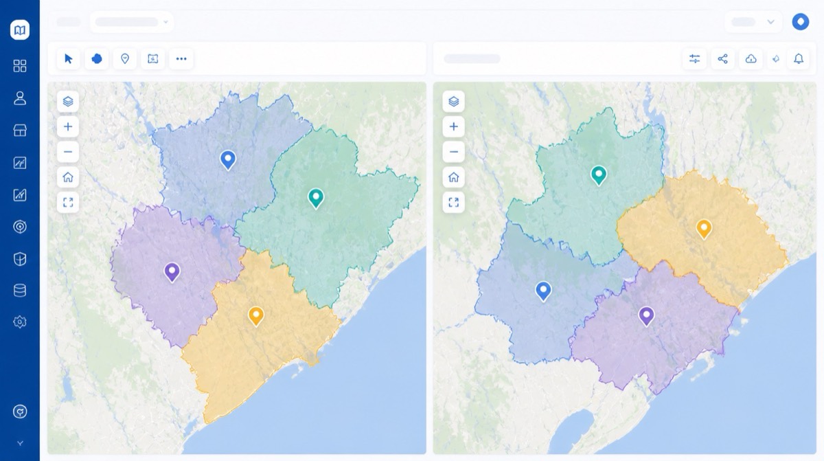 Franchise territory mapping example showing protected and exclusive boundaries in a SaaS interface.