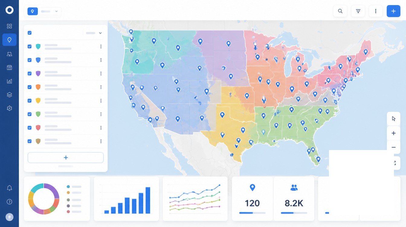 Federated Ownership of Territory Data visual for franchise territory mapping at scale: managing 100+ locations.