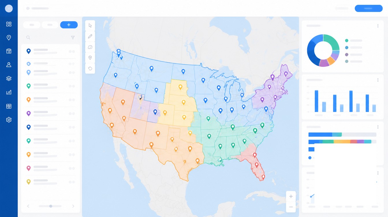 Location Master Data as the Spine visual for franchise territory mapping at scale: managing 100+ locations.