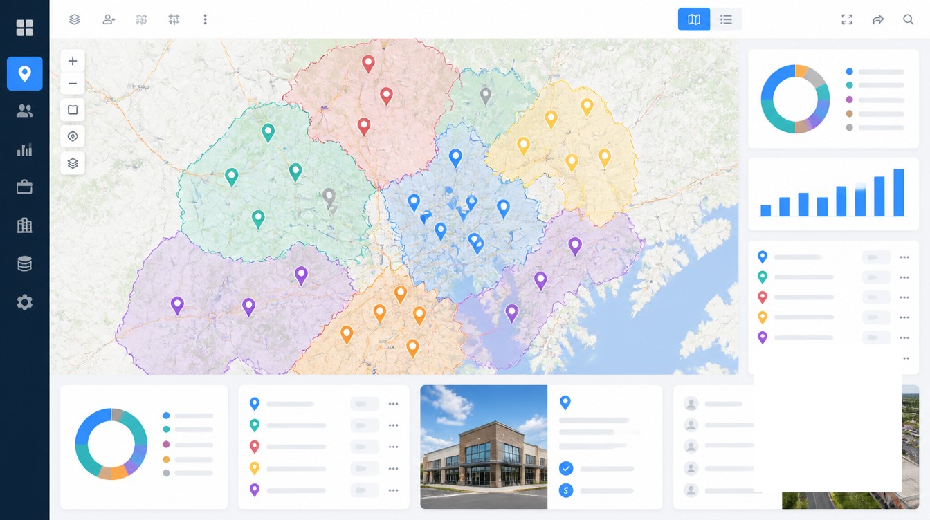 Reporting, Field Ops, and Real Estate Integration visual for franchise territory mapping at scale: managing 100+ locations.