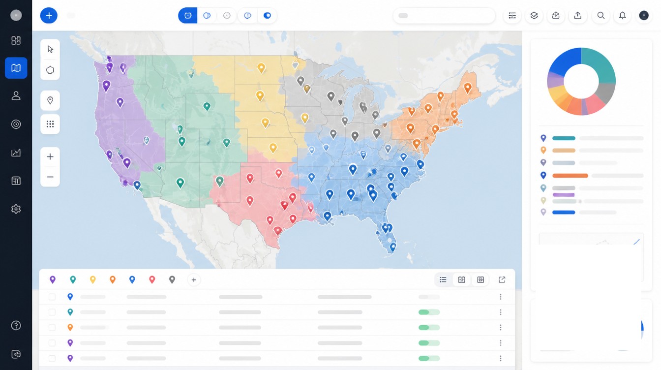 Sister-Brand Overlay and Non-Exclusive Territories visual for franchise territory mapping at scale: managing 100+ locations.
