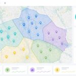 Franchise territory mapping dashboard with protected regions, map pins, and analytics panels.