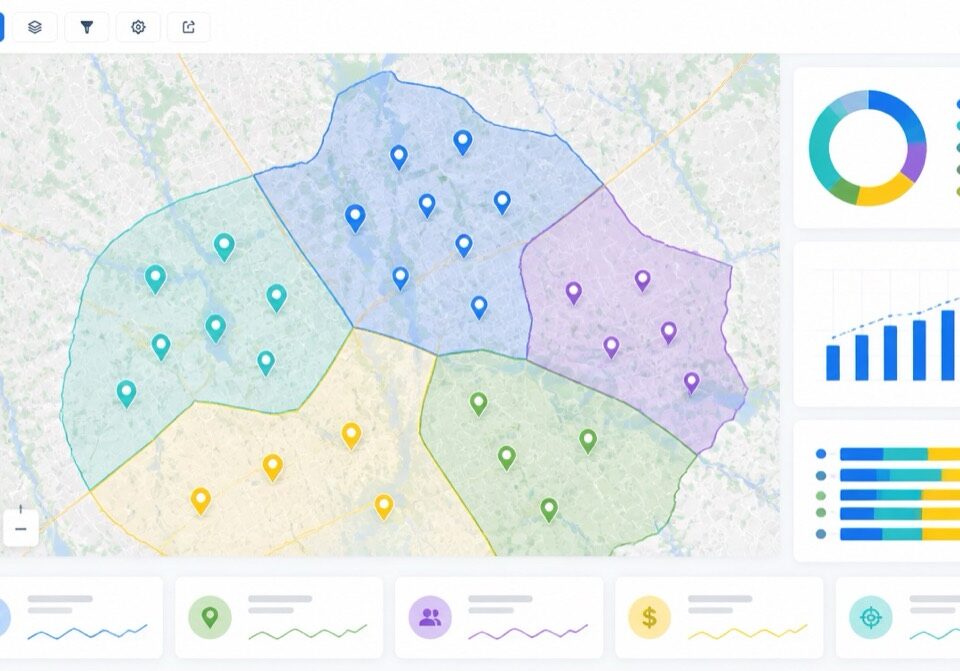 Franchise territory mapping dashboard with protected regions, map pins, and analytics panels.