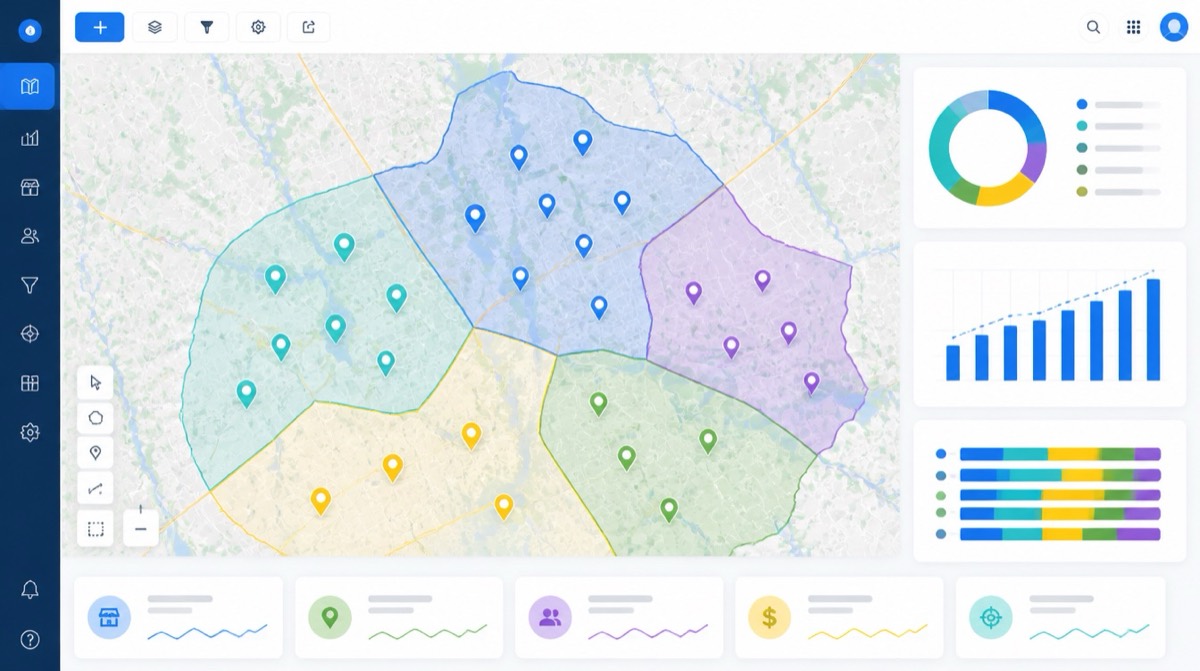 Franchise territory mapping dashboard with protected regions, map pins, and analytics panels.