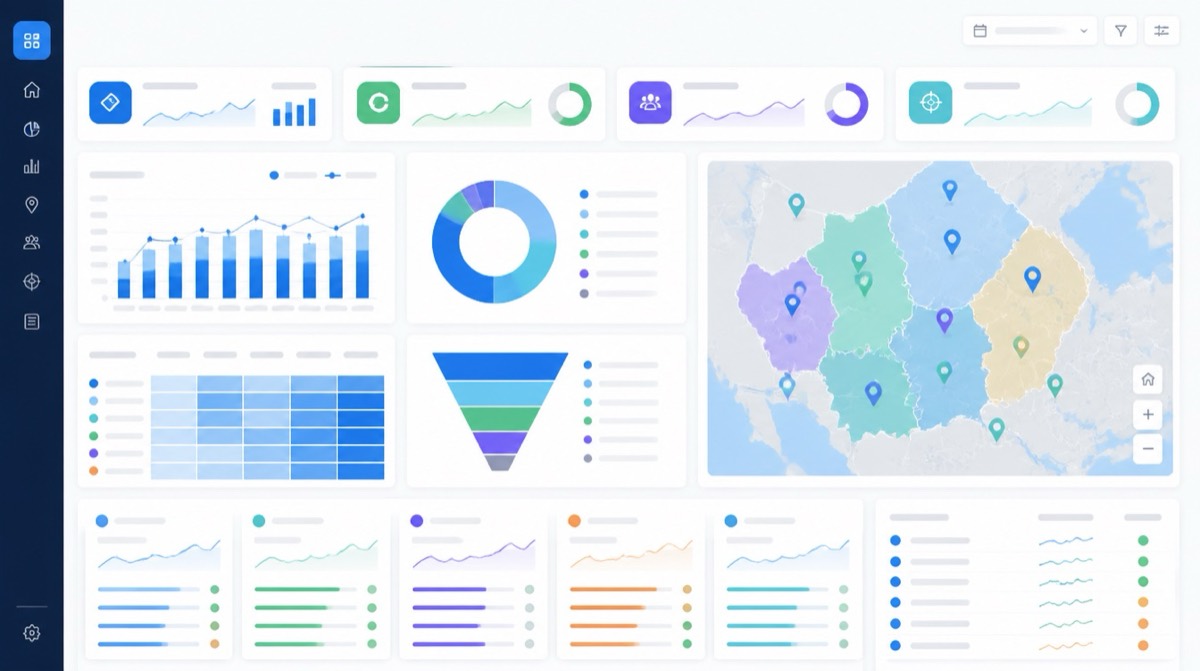 Franchise territory mapping performance dashboard with regional metrics and renewal indicators.