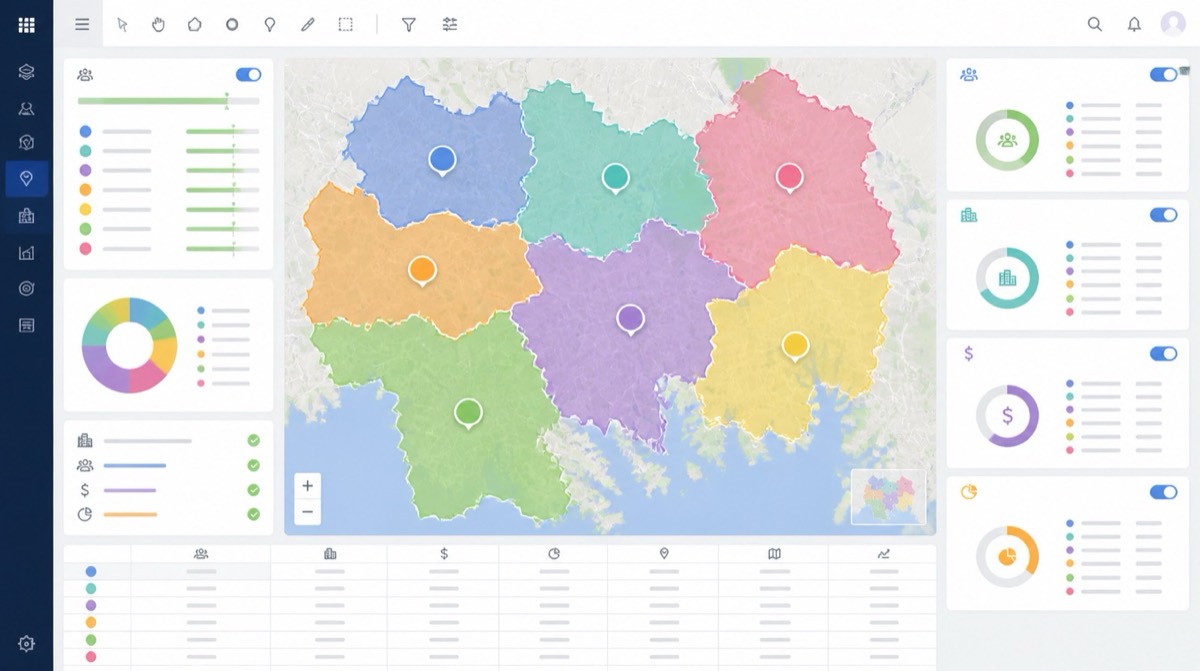 Franchise territory mapping dashboard showing balanced regions and benchmark analytics.