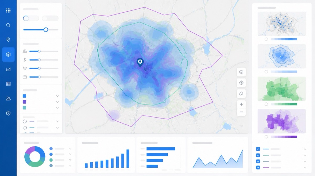 Franchise territory mapping analysis with customer density, drive-time shapes, and demand insights.
