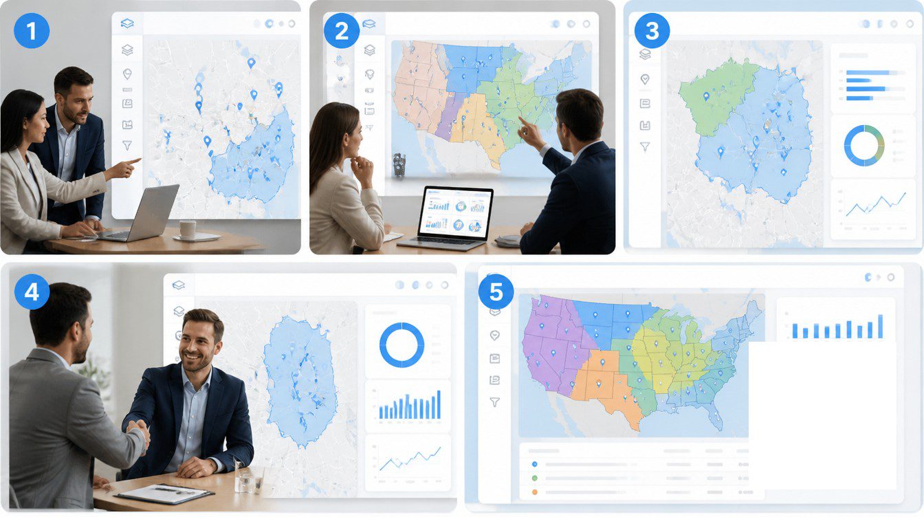 Five Moments Where a Map Decides the Outcome visual for how franchise development teams use maps to close deals.